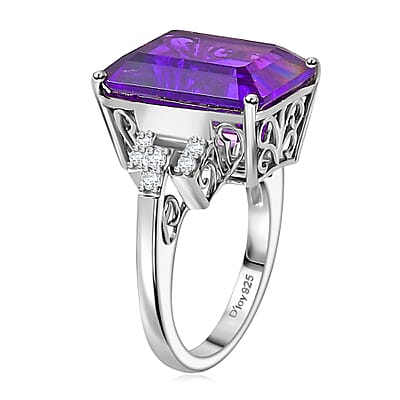 African Amethyst and Moissanite Ring in Platinum Over Sterling Silver (Size 10.0) 11.90 ctw