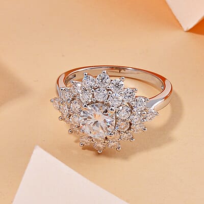 Moissanite Floral Ring in Platinum Over Sterling Silver (Size 10.0) 2.75 ctw
