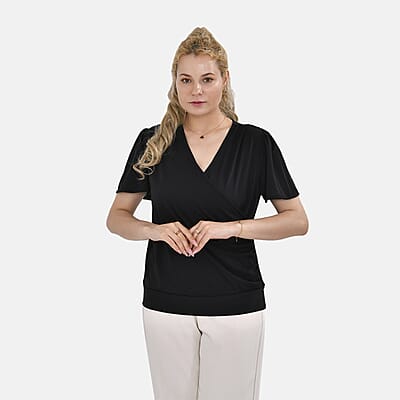Black Jersey Knit Drape Front Blouse - S/M
