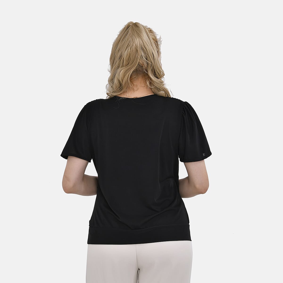 Black Jersey Jersey Knit Drape Front Blouse - L/XL image number 1