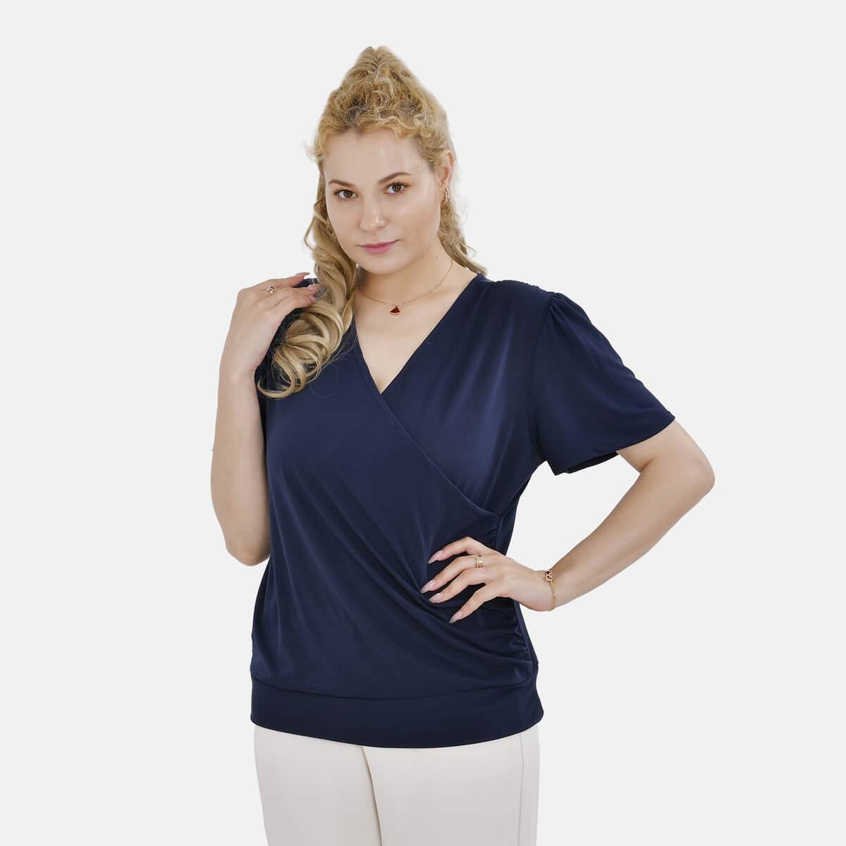 Navy Jersey Knit Drape Front Blouse - S/M image number 3