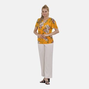 Yellow Floral Jersey Knit Drape Front Blouse - S/M