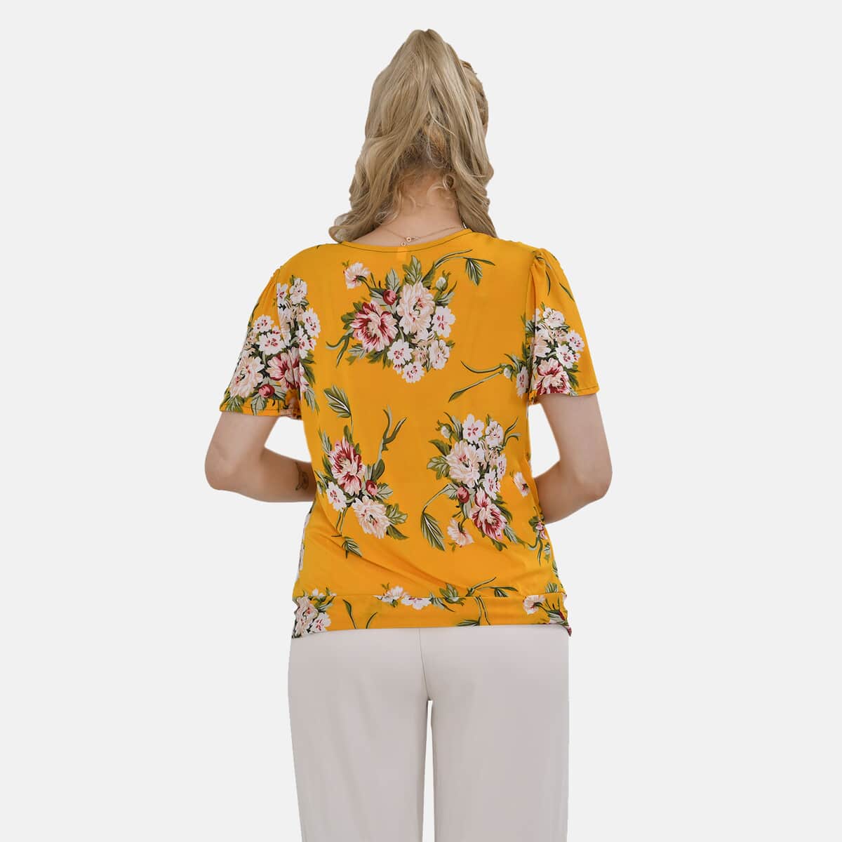 Yellow Floral Jersey Knit Drape Front Blouse - S/M image number 1