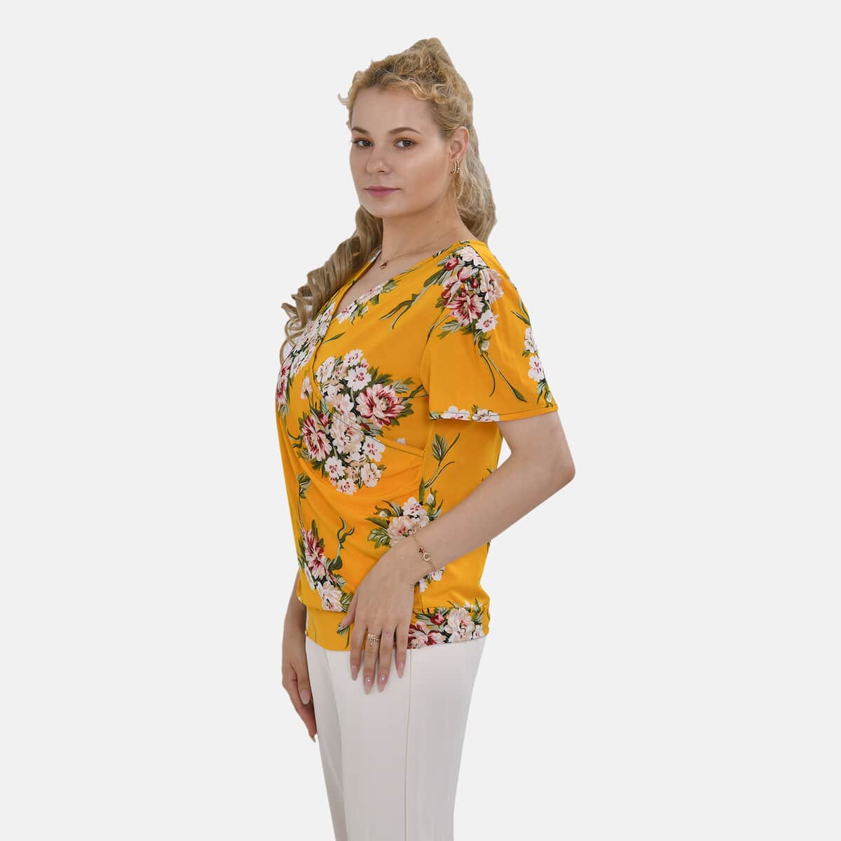 Yellow Floral Jersey Knit Drape Front Blouse - S/M image number 2