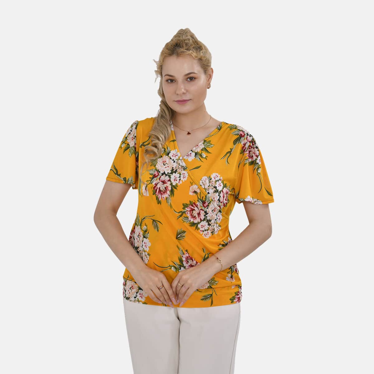 Yellow Floral Jersey Knit Drape Front Blouse - S/M image number 3