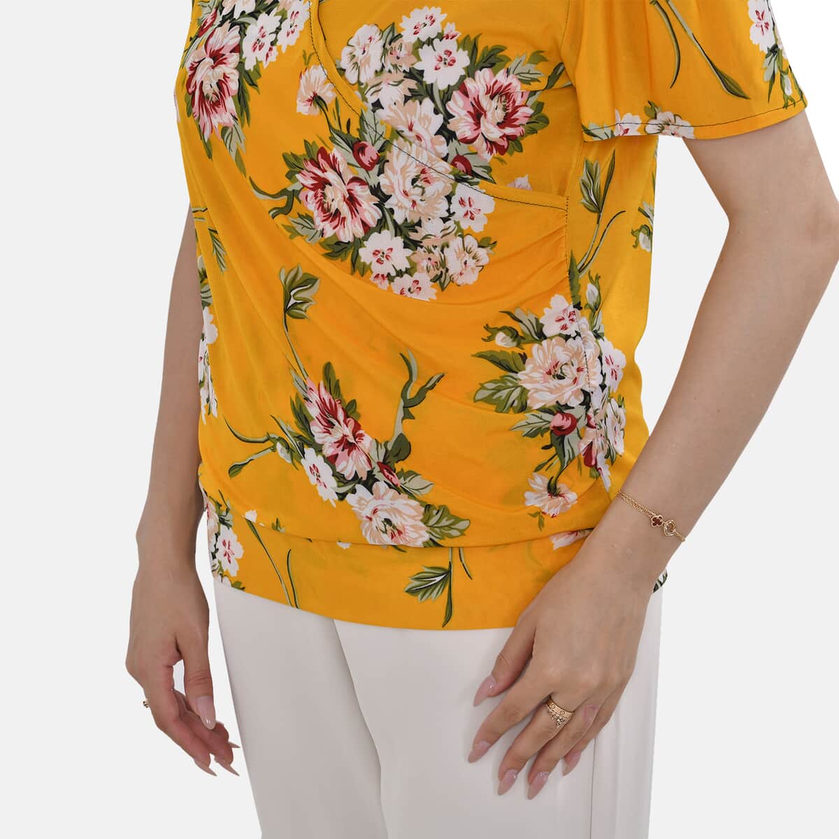 Yellow Floral Jersey Knit Drape Front Blouse - S/M image number 4