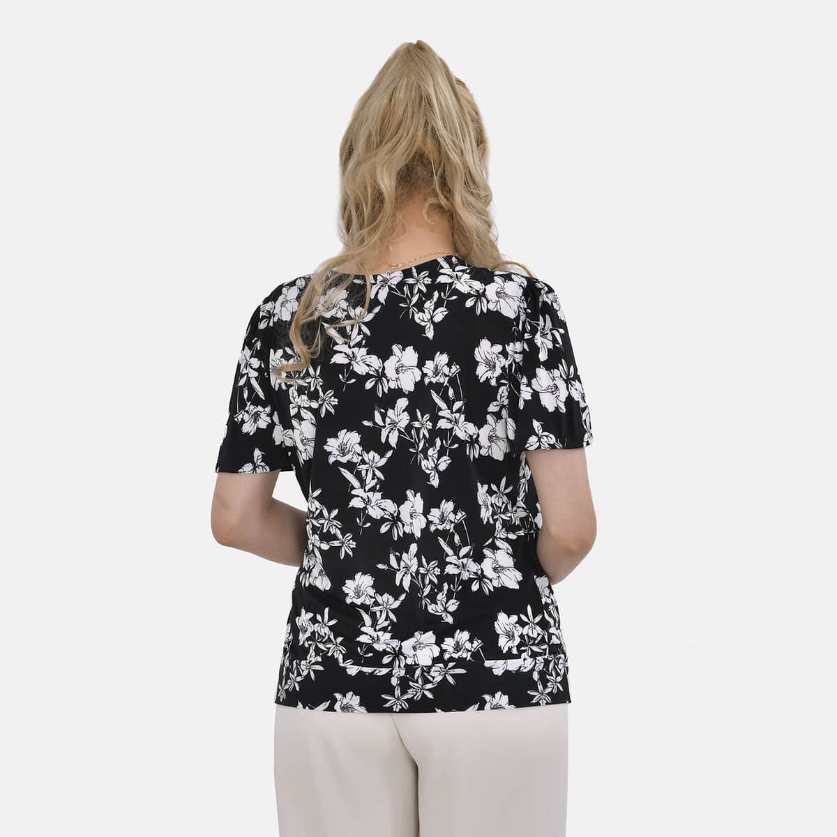 Black Floral Jersey Knit Drape Front Blouse - S/M image number 1