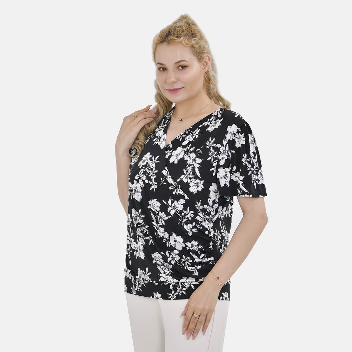 Black Floral Jersey Knit Drape Front Blouse - S/M image number 2