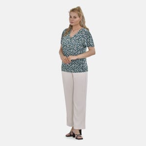 Turquoise Floral Jersey Knit Drape Front Blouse - S/M