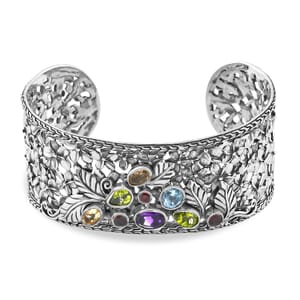 Bali Legacy Multi Gemstone 4.40 ctw Frangipani Flower Cuff Bracelet in Sterling Silver (7.25 In)