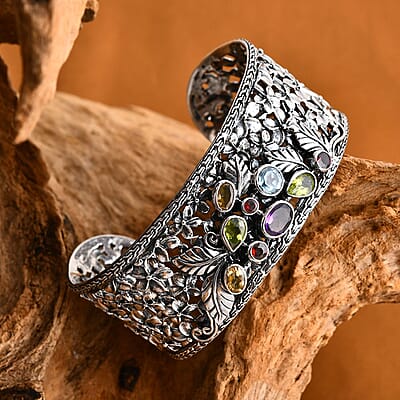 D'Joy Bali Legacy Multi Gemstone 4.40 ctw Garden of Bali Frangipani Flower Cuff Bracelet in Sterling Silver (7.25 In)