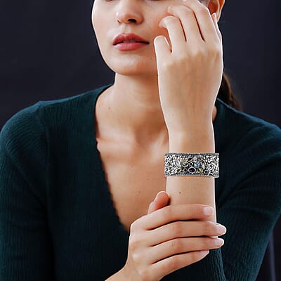 D'Joy Bali Legacy Multi Gemstone 4.40 ctw Garden of Bali Frangipani Flower Cuff Bracelet in Sterling Silver (7.25 In)