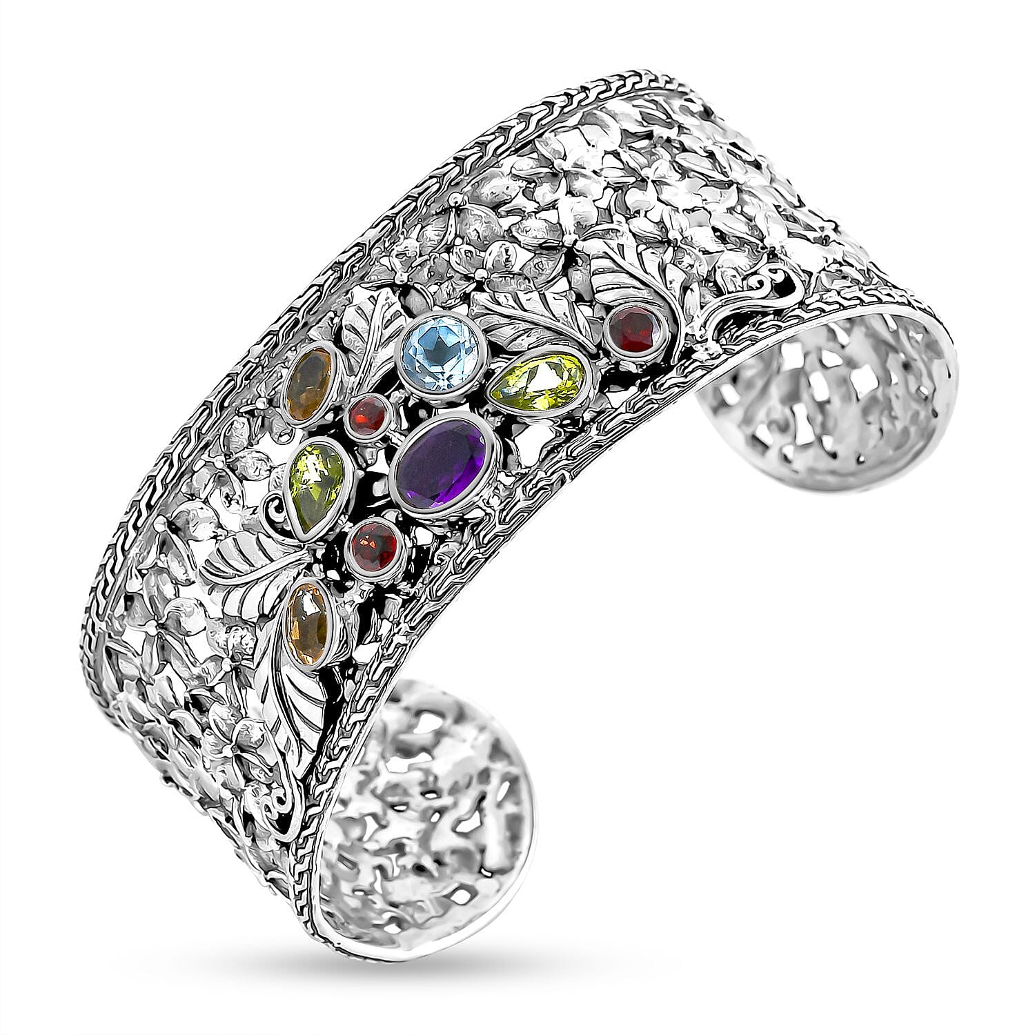 D'Joy Bali Legacy Multi Gemstone 4.40 ctw Garden of Bali Frangipani Flower Cuff Bracelet in Sterling Silver (7.25 In)