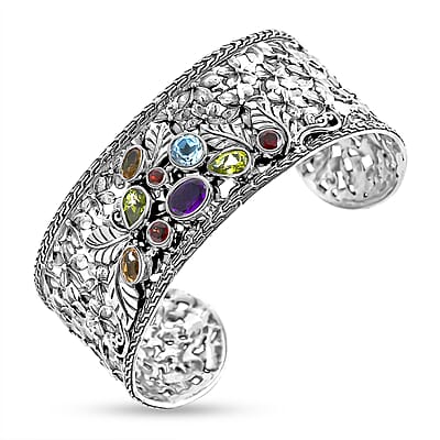 D'Joy Bali Legacy Multi Gemstone 4.40 ctw Garden of Bali Frangipani Flower Cuff Bracelet in Sterling Silver (7.25 In)