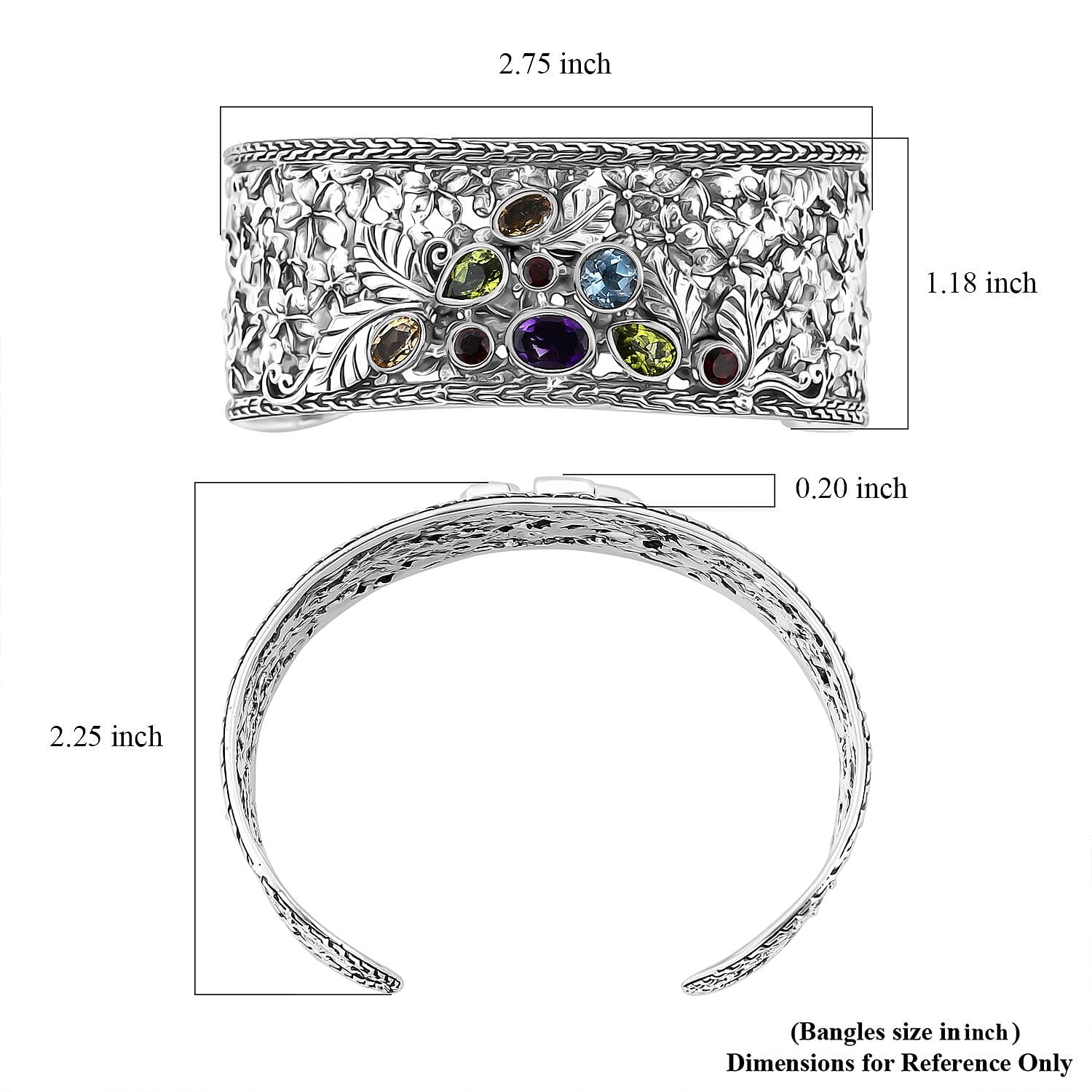 D'Joy Bali Legacy Multi Gemstone 4.40 ctw Garden of Bali Frangipani Flower Cuff Bracelet in Sterling Silver (7.25 In)