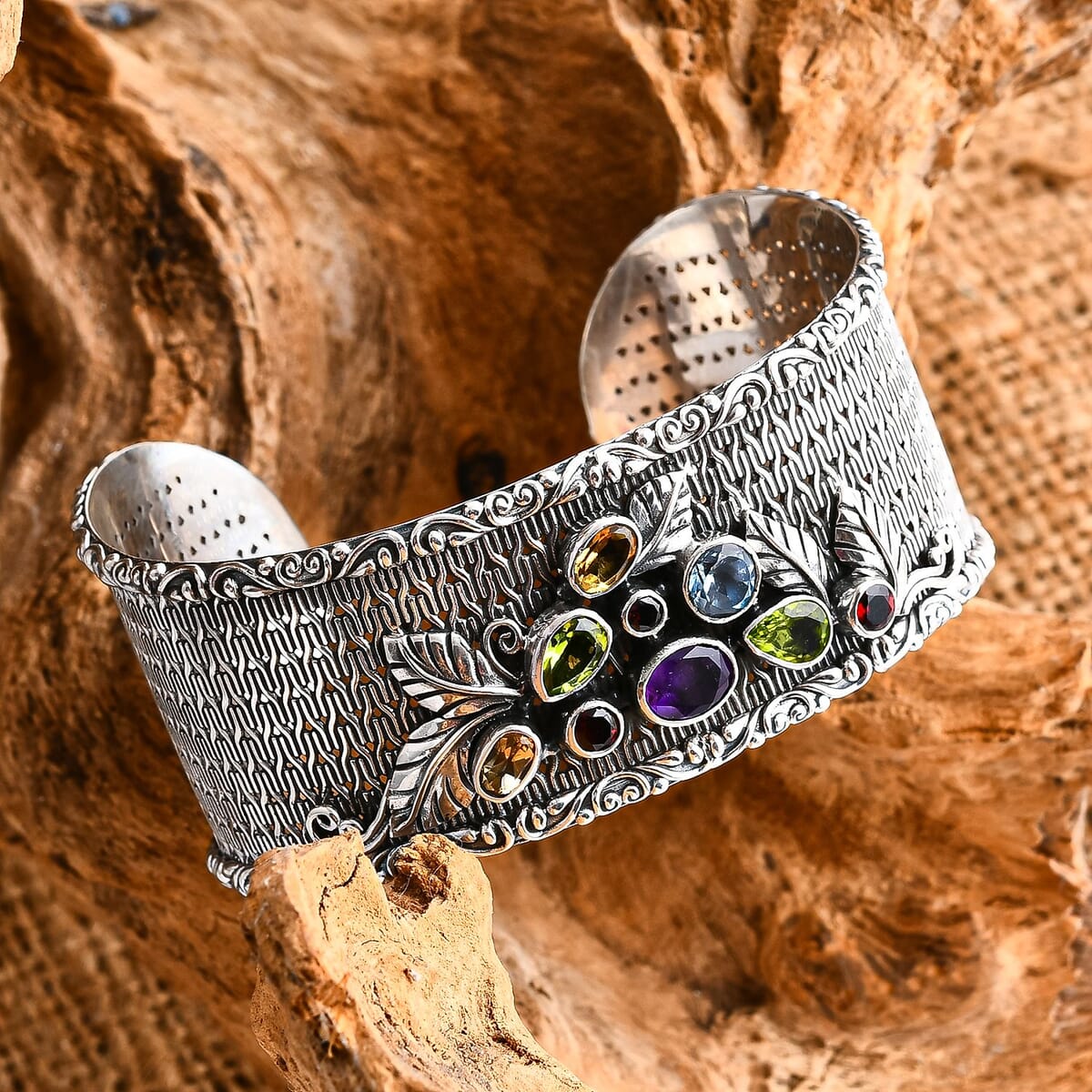 Bali Legacy Multi Gemstone 5.15 ctw Tulang Naga Cuff Bracelet in Sterling Silver (7.25 In) image number 1