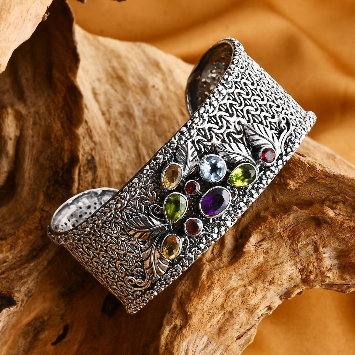 Bali Legacy Multi Gemstone 5.35 ctw Borobudur Cuff Bracelet in Sterling Silver (7.25 In) image number 1