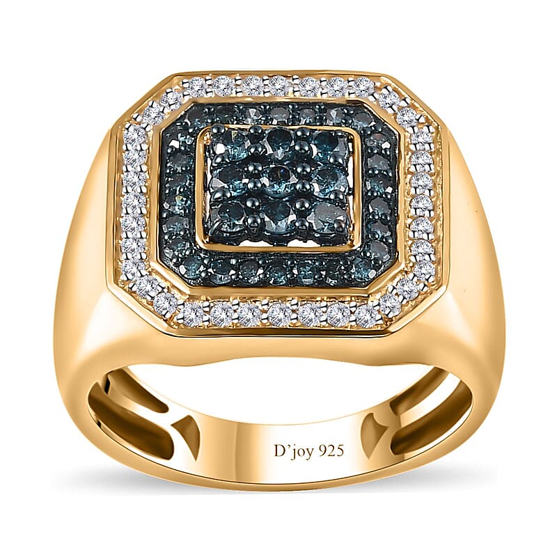 Venice Blue Diamond I2-I3 and White Diamond Men's Ring in Vermeil Yellow Gold Over Sterling Silver (Size 10.0) 1.00 ctw