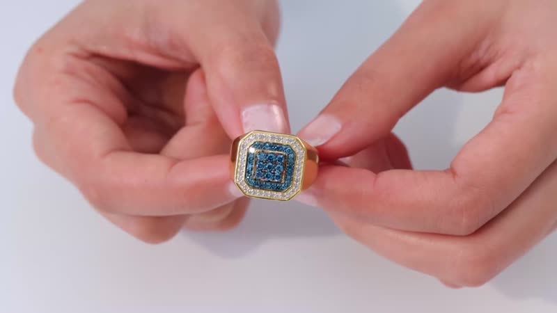 Venice Blue Diamond I2-I3 and White Diamond Men's Ring in Vermeil Yellow Gold Over Sterling Silver (Size 10.0) 1.00 ctw