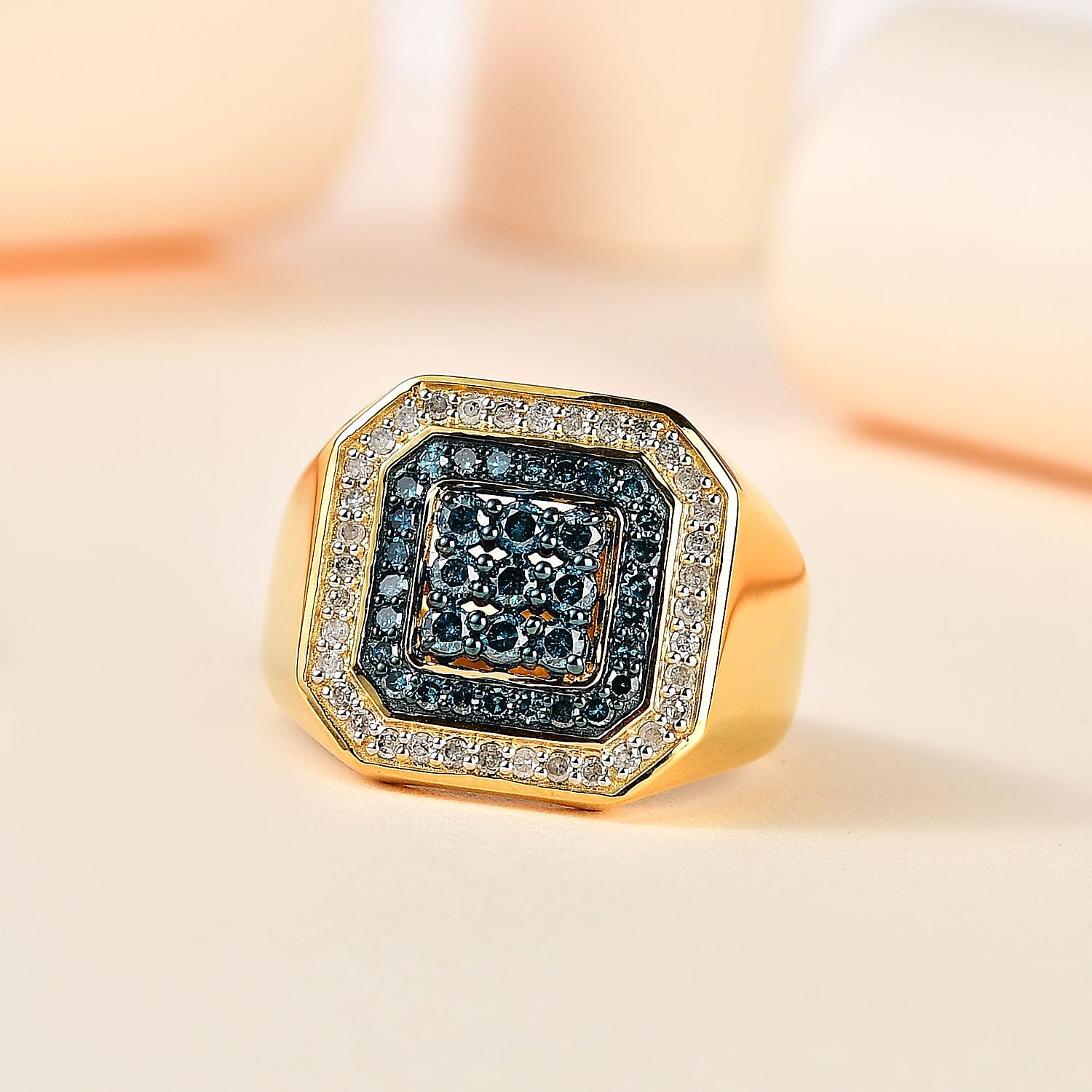 Venice Blue Diamond I2-I3 and White Diamond Men's Ring in Vermeil Yellow Gold Over Sterling Silver (Size 10.0) 1.00 ctw