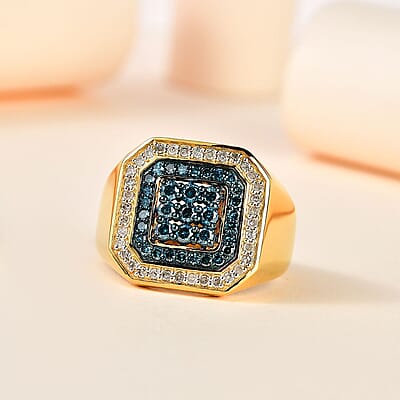 Venice Blue Diamond I2-I3 and White Diamond Men's Ring in Vermeil Yellow Gold Over Sterling Silver (Size 10.0) 1.00 ctw