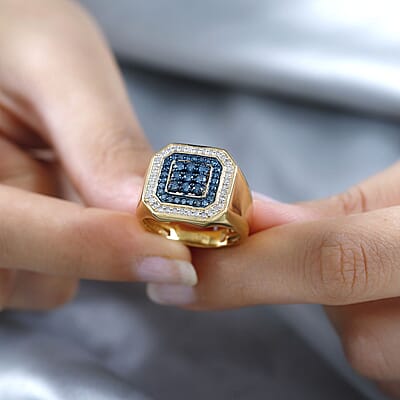 Venice Blue Diamond I2-I3 and White Diamond Men's Ring in Vermeil Yellow Gold Over Sterling Silver (Size 10.0) 1.00 ctw