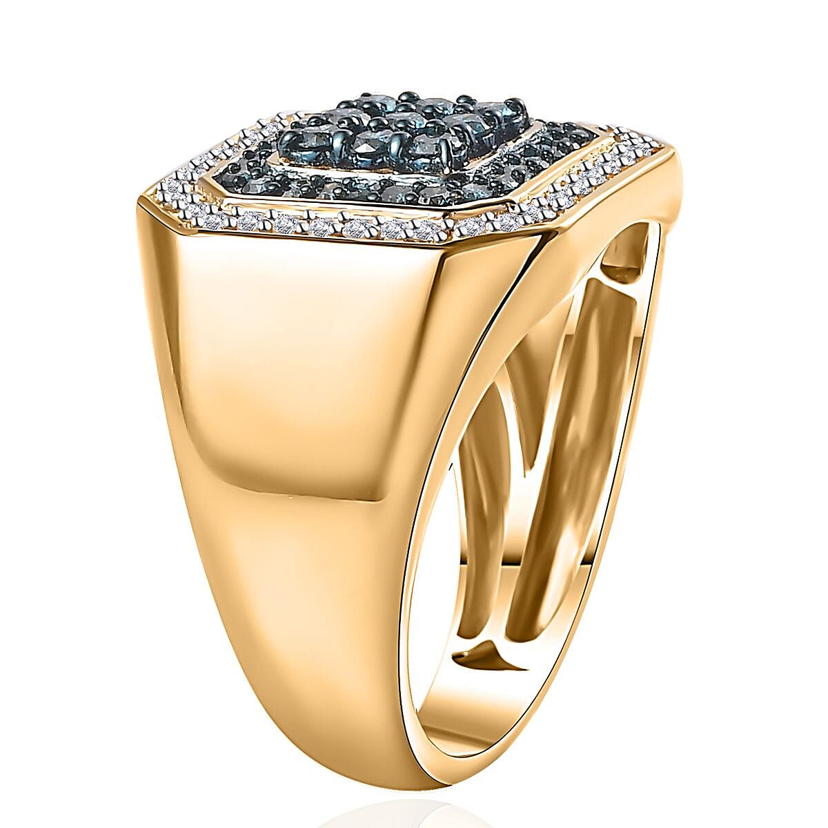 Venice Blue Diamond I2-I3 and White Diamond Men's Ring in Vermeil Yellow Gold Over Sterling Silver (Size 10.0) 1.00 ctw