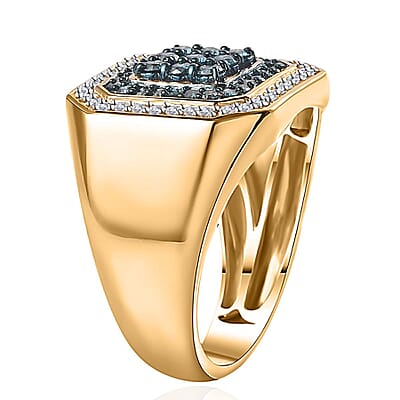 Venice Blue Diamond I2-I3 and White Diamond Men's Ring in Vermeil Yellow Gold Over Sterling Silver (Size 10.0) 1.00 ctw