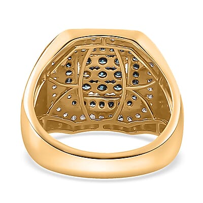 Venice Blue Diamond I2-I3 and White Diamond Men's Ring in Vermeil Yellow Gold Over Sterling Silver (Size 10.0) 1.00 ctw