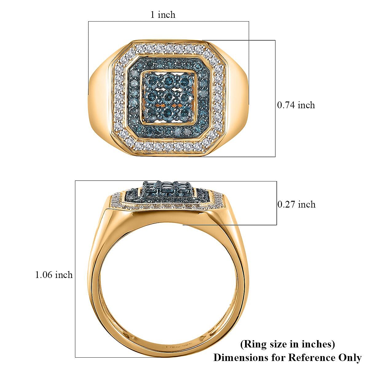 Venice Blue Diamond I2-I3 and White Diamond Men's Ring in Vermeil Yellow Gold Over Sterling Silver (Size 10.0) 1.00 ctw