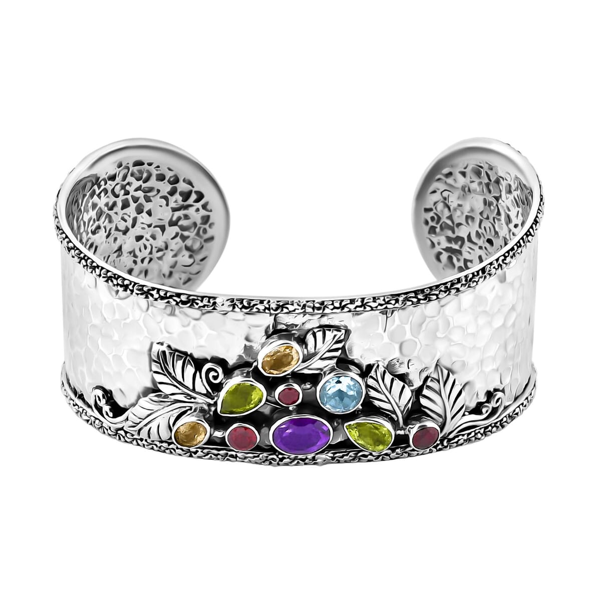 Bali Legacy Multi Gemstone 5.35 ctw Hammer Texture Cuff Bracelet in Sterling Silver (7.25 In) image number 0