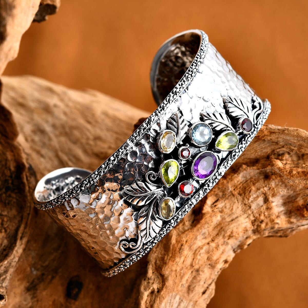 Bali Legacy Multi Gemstone 5.35 ctw Hammer Texture Cuff Bracelet in Sterling Silver (7.25 In) image number 1