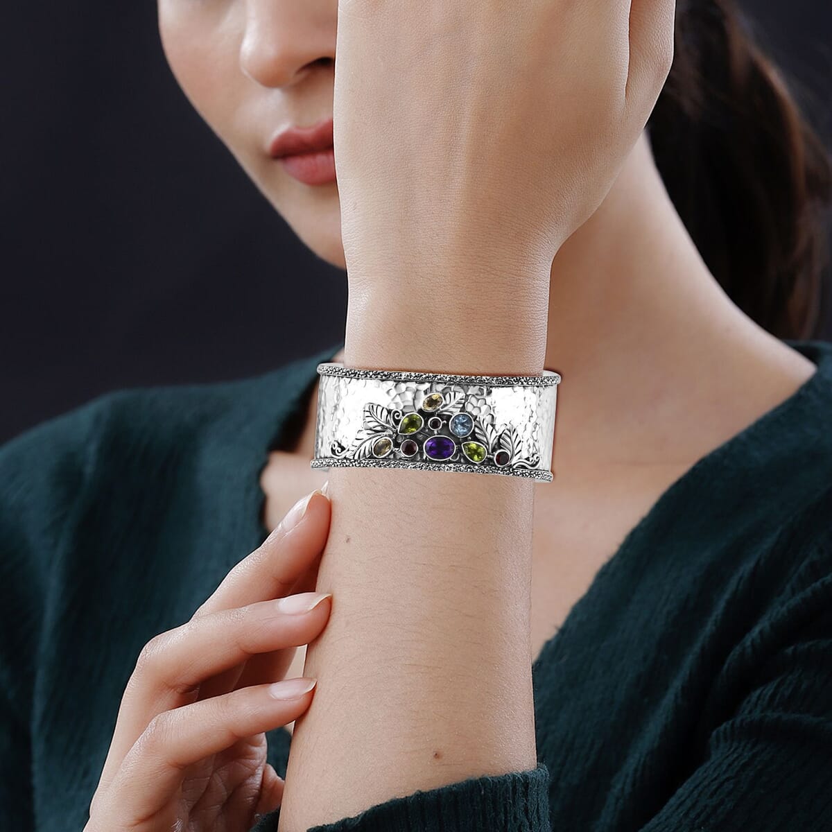 Bali Legacy Multi Gemstone 5.35 ctw Hammer Texture Cuff Bracelet in Sterling Silver (7.25 In) image number 2