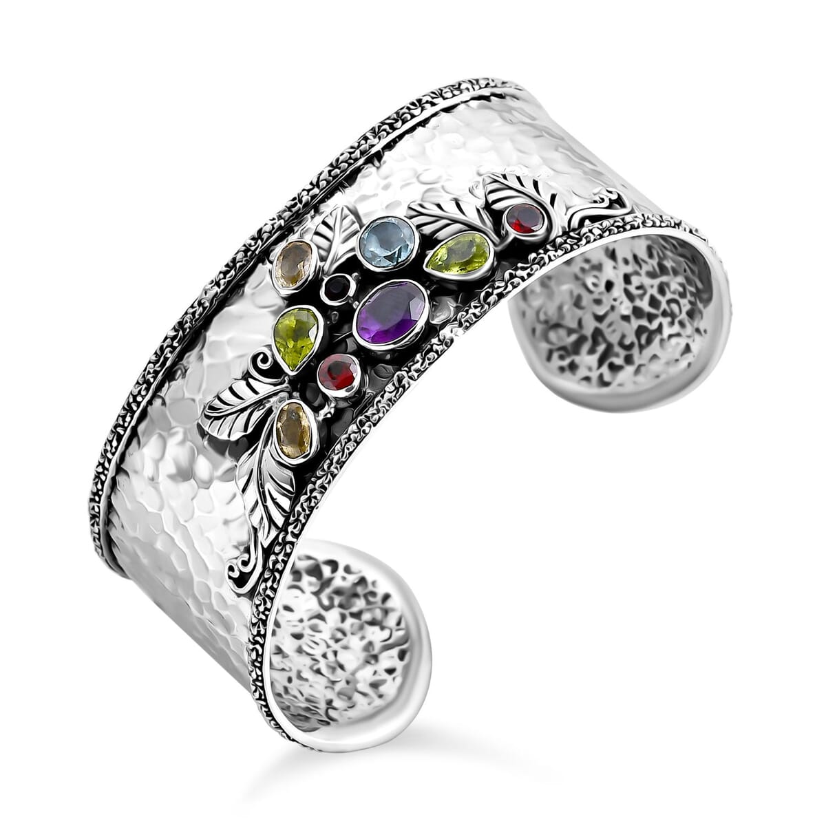 Bali Legacy Multi Gemstone 5.35 ctw Hammer Texture Cuff Bracelet in Sterling Silver (7.25 In) image number 3