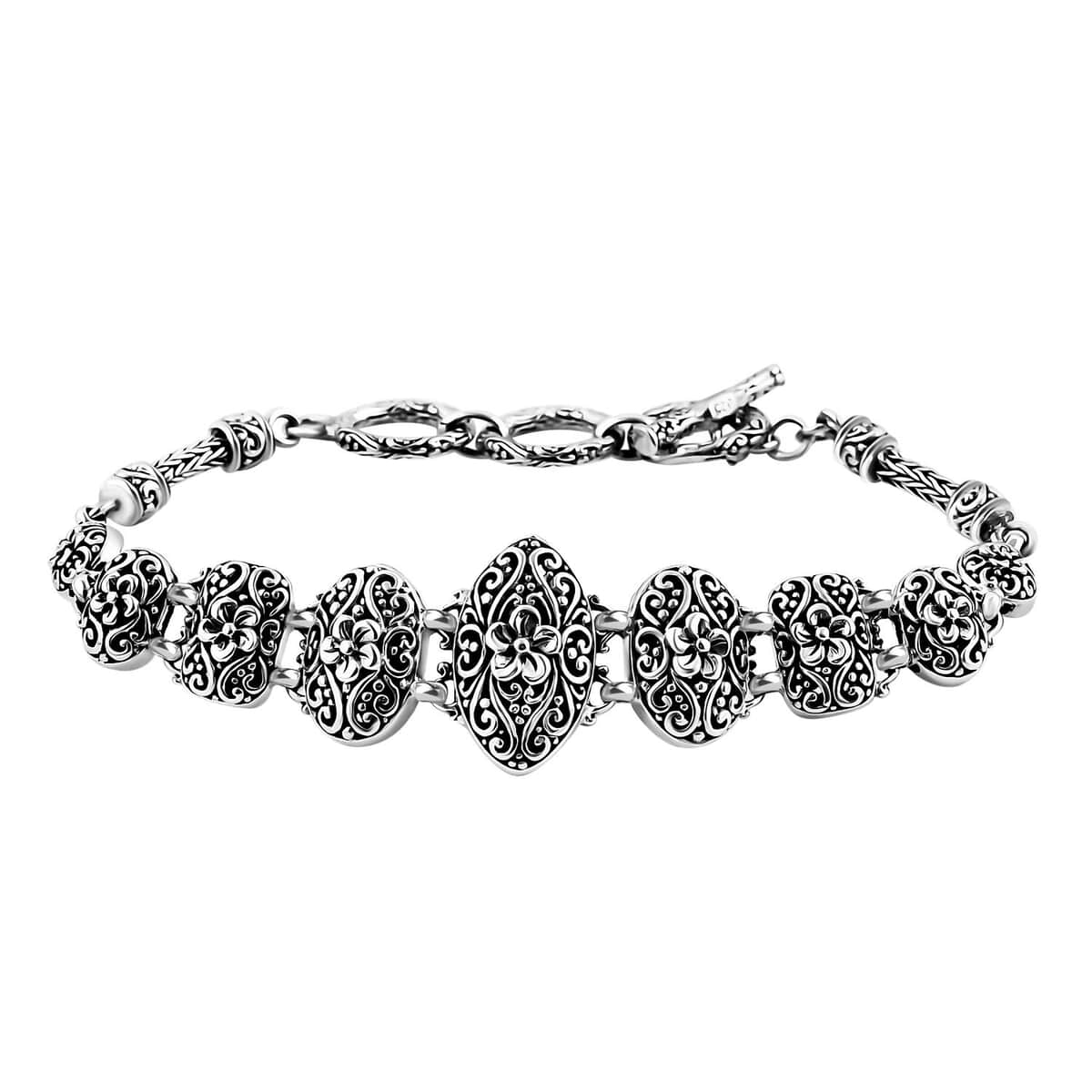 TLV Bali Legacy Sterling Silver Frangipani Flower Bracelet (6.50-8.25In) (19.80 g) image number 0