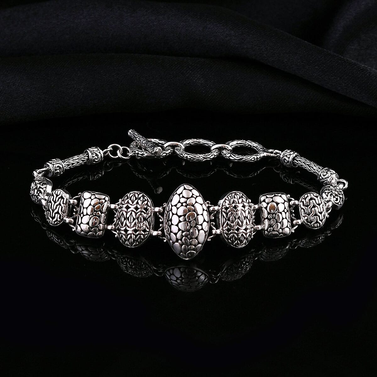 Bali Legacy Sterling Silver Multi Pattern Borobudur, Flower and Tulang Naga Bracelet (6.50-8.25In) 19.80 Grams image number 1