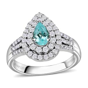 Certified & Appraised Rhapsody 950 Platinum AAAA Paraiba Tourmaline and E-F VS Diamond Double Halo Ring (Size 9.0) 10.35 Grams 2.35 ctw