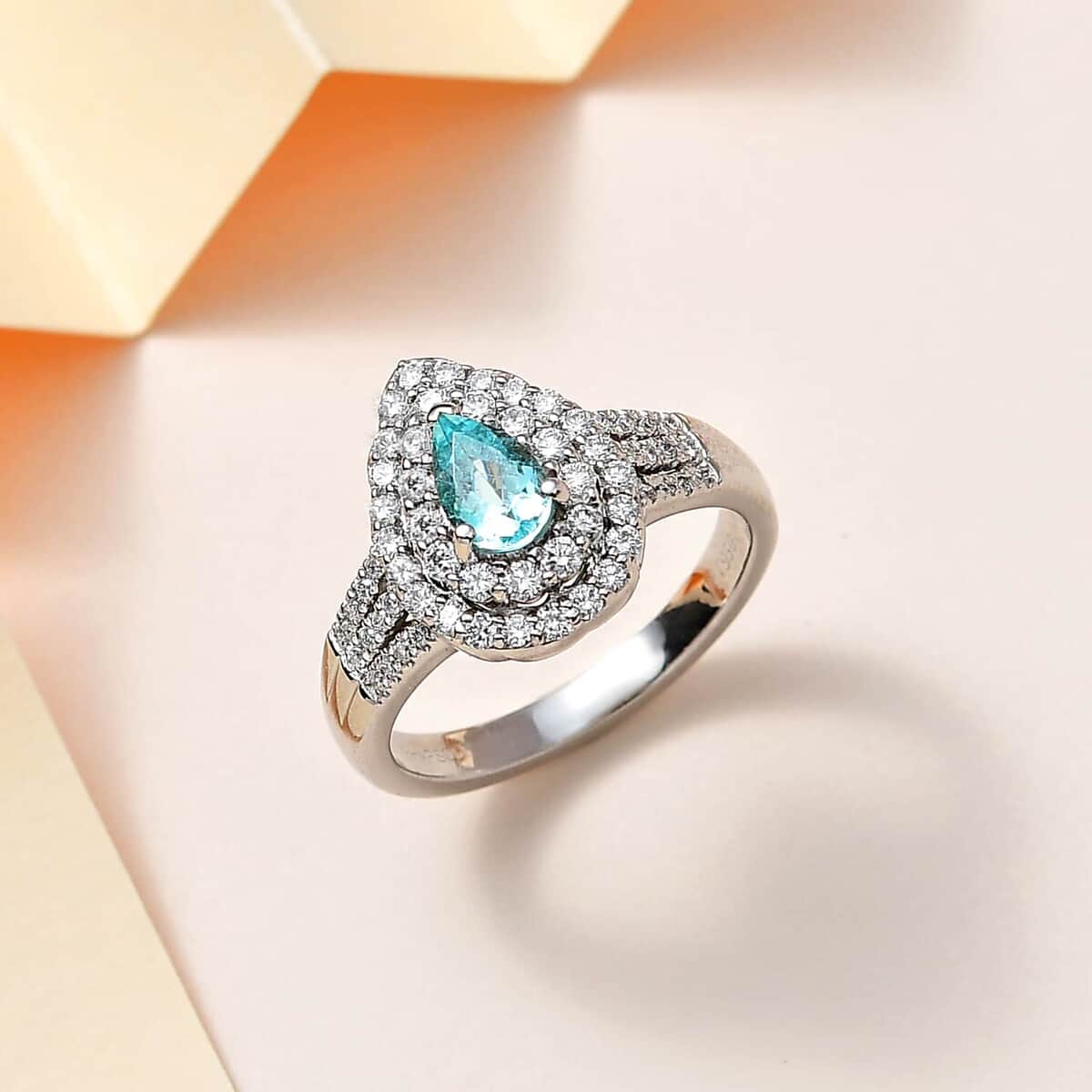 Certified & Appraised Rhapsody 950 Platinum AAAA Paraiba Tourmaline and E-F VS Diamond Double Halo Ring (Size 9.0) 10.35 Grams 2.35 ctw image number 1