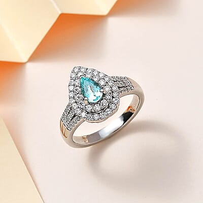 Certified & Appraised Rhapsody 950 Platinum AAAA Paraiba Tourmaline and E-F VS Diamond Double Halo Ring (Size 9.0) 10.35 Grams 2.35 ctw