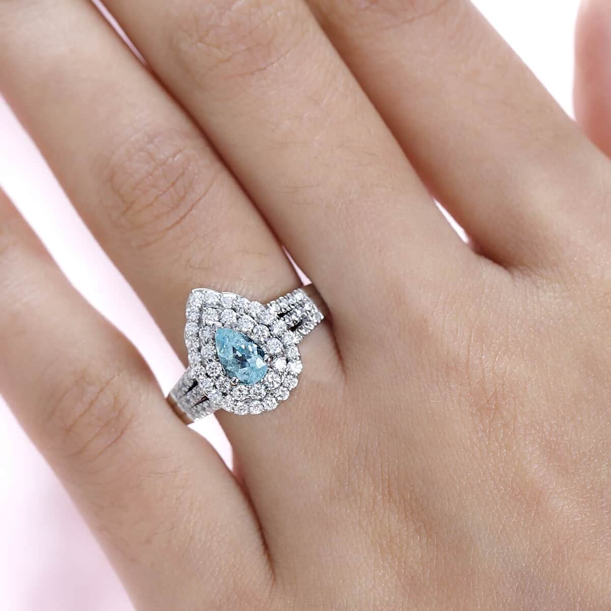 Certified & Appraised Rhapsody 950 Platinum AAAA Paraiba Tourmaline and E-F VS Diamond Double Halo Ring (Size 9.0) 10.35 Grams 2.35 ctw image number 2