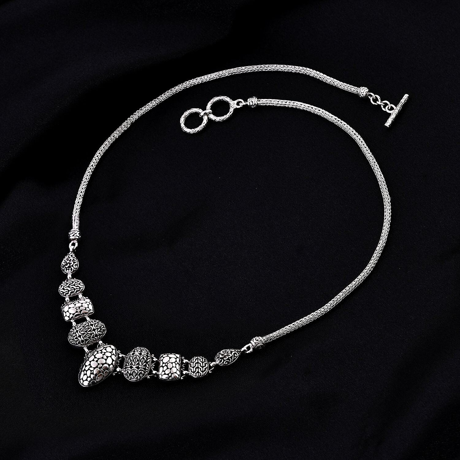 Bali Legacy Sterling Silver Borobudur, Tulang Naga and Flower Necklace (20-21.50 Inches) 27.40 Grams
