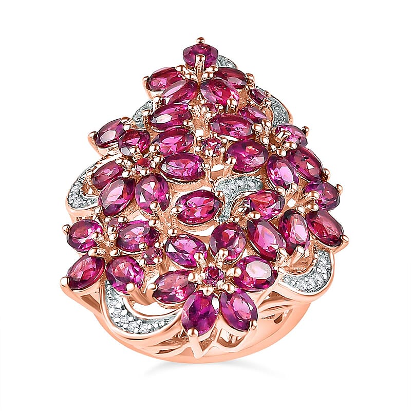 Orissa Rhodolite Garnet and White Zircon Floral Ring in Vermeil Rose Gold Over Sterling Silver (Size 10.0) 8.35 ctw