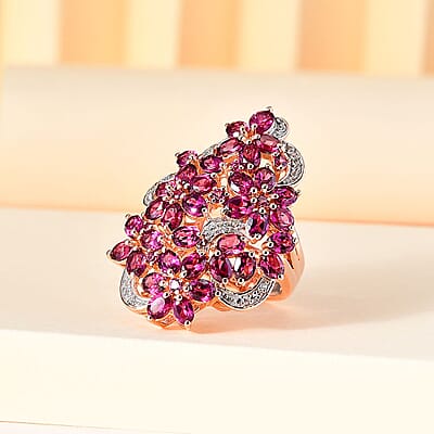 Orissa Rhodolite Garnet and White Zircon Floral Ring in Vermeil Rose Gold Over Sterling Silver (Size 10.0) 8.35 ctw