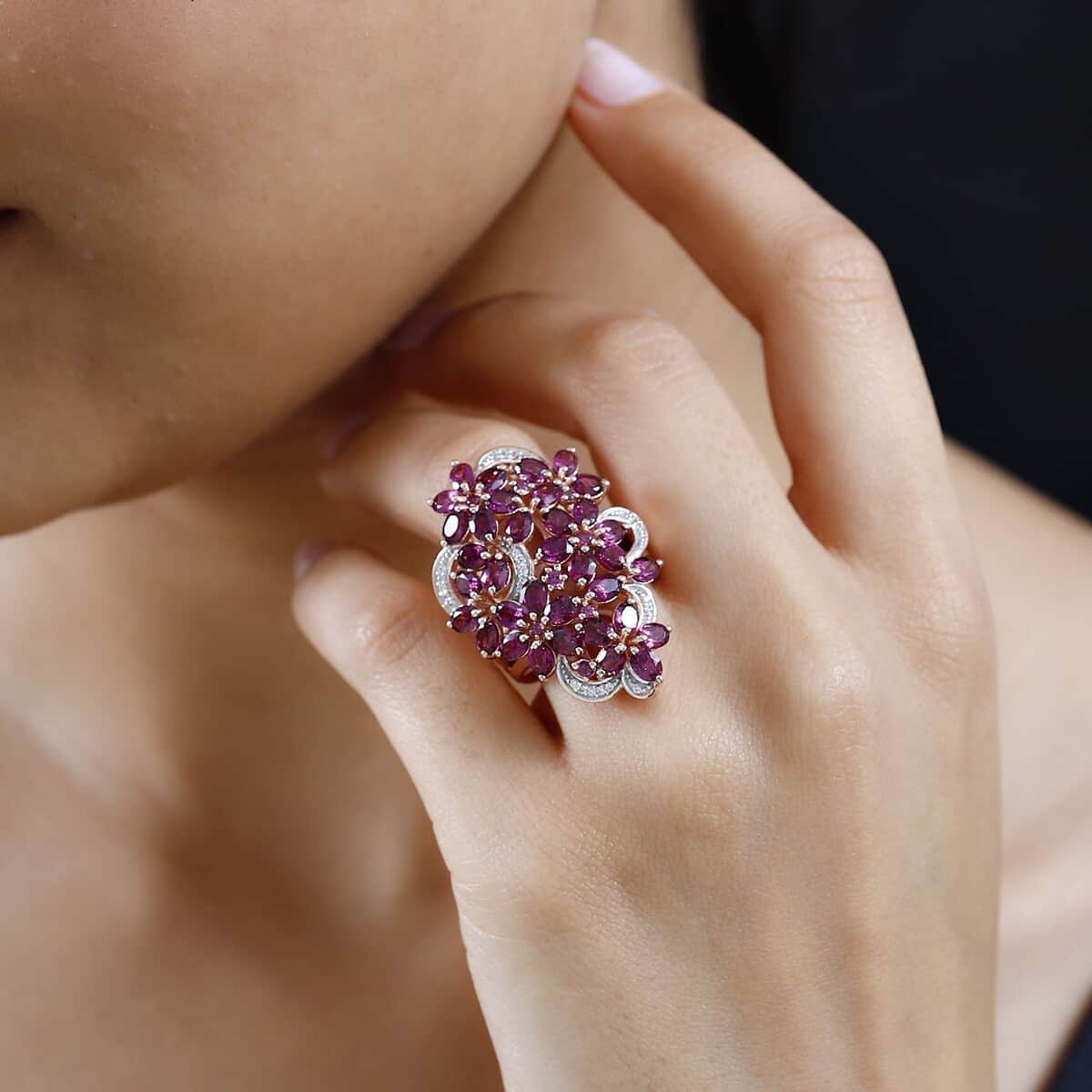 Orissa Rhodolite Garnet and White Zircon Floral Ring in Vermeil Rose Gold Over Sterling Silver (Size 10.0) 8.35 ctw image number 2