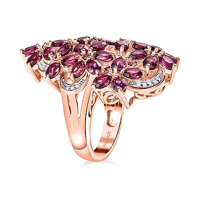 Orissa Rhodolite Garnet and White Zircon Floral Ring in Vermeil Rose Gold Over Sterling Silver (Size 10.0) 8.35 ctw