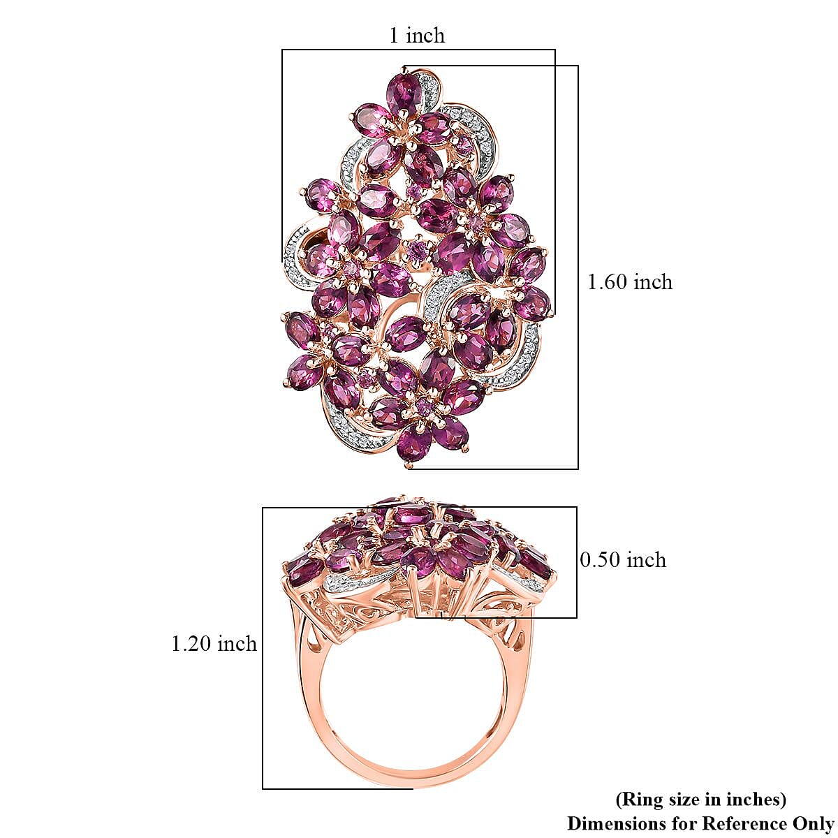 Orissa Rhodolite Garnet and White Zircon Floral Ring in Vermeil Rose Gold Over Sterling Silver (Size 10.0) 8.35 ctw