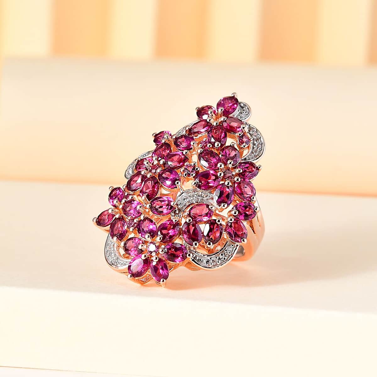 Orissa Rhodolite Garnet and White Zircon Floral Ring in Vermeil Rose Gold Over Sterling Silver (Size 6.0) 8.35 ctw image number 1