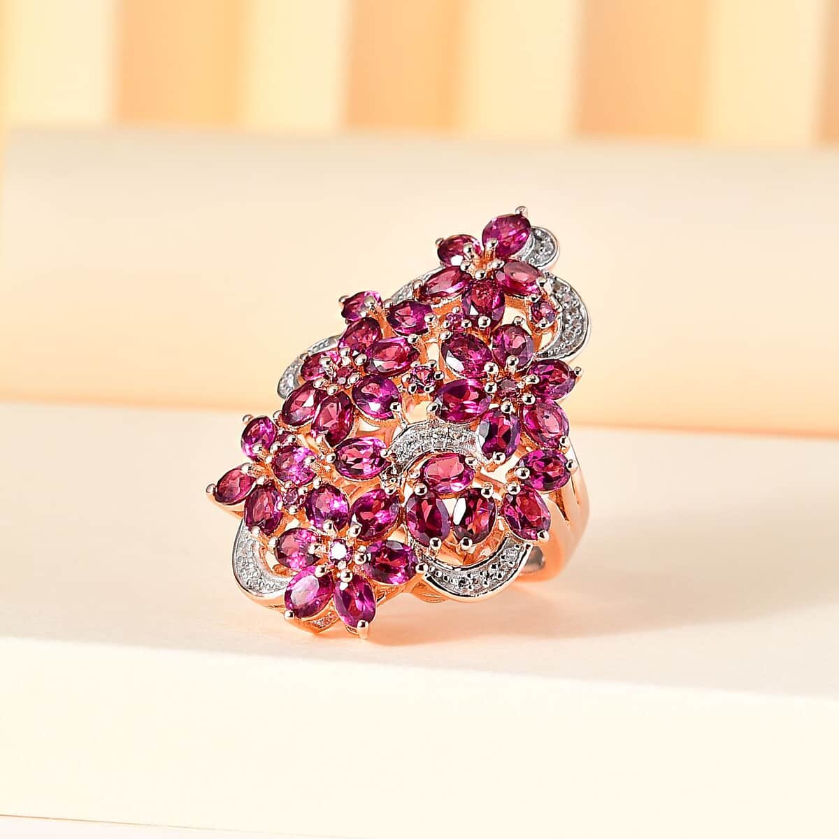 Orissa Rhodolite Garnet and White Zircon Floral Ring in Vermeil Rose Gold Over Sterling Silver (Size 8.0) 8.35 ctw image number 1