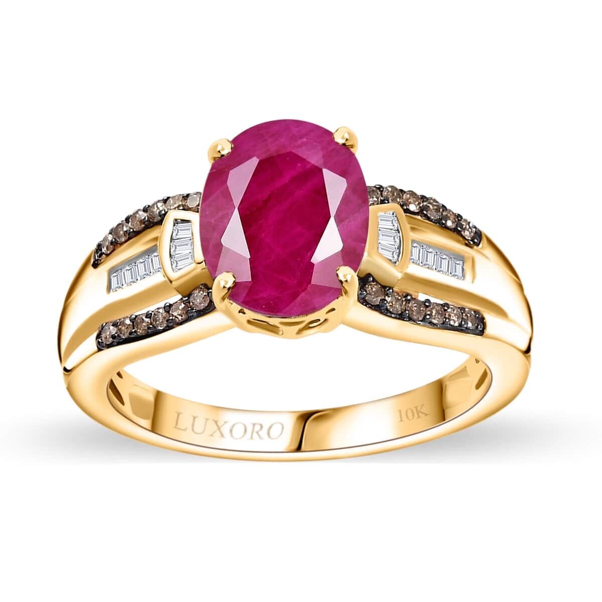 Luxoro 10K Yellow Gold Premium Montepuez Ruby and Natural Champagne and White Diamond Ring (Size 5.0) 2.60 ctw image number 0