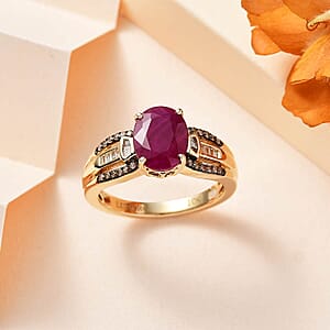 Luxoro Premium Montepuez Ruby and Natural Champagne and White Diamond 2.60 ctw Ring in 10K Yellow Gold (Size 5.0)